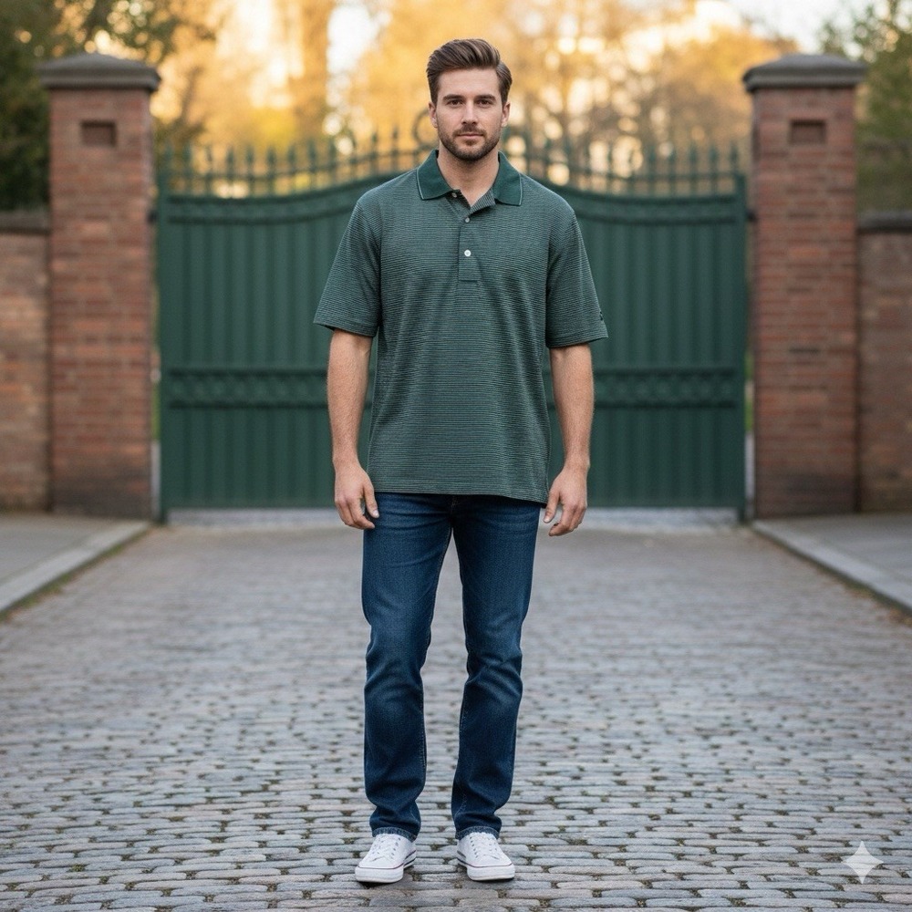 Lyle & Scott Polo Shirt Mens Medium Green Striped Mercerized Cotton Short Sleeve